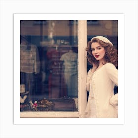 Young Lady Posing In Front Of A Shop Window Camera Lens Applying A Blurry Effect To The Background Art Print