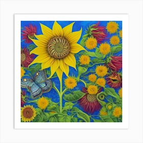 Sunflowers And Butterflies 25 Art Print