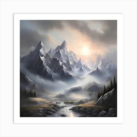 Misty Mountain Landscape Sunrise Art Print