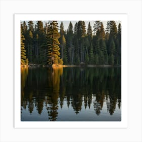 A Serene Lake Surrounded By Towering Pine Trees At Sunrise 2 Art Print