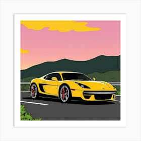 Iconic Striped Racer in Detailed Front View Yellow Sports Car Art Print