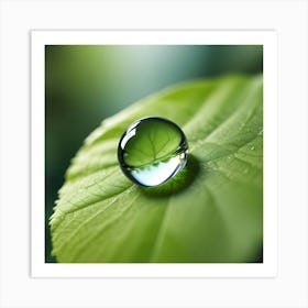 Close Up Of A Water Droplet Resting On A Vibrant Green Leaf, Reflecting The Surrounding Environment Art Print