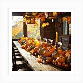 Autumn Table Decor Sprawling Across A Rustic Wooden Table Scattered Bright Orange Pumpkins Accompan (1) 2 Art Print