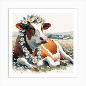 Cow With Daisies 1 Art Print