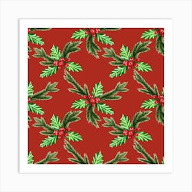 Seamless Pattern from Mistletoe and Conifer on Red Art Print