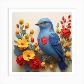 Blue Bird With Flowers Art Print