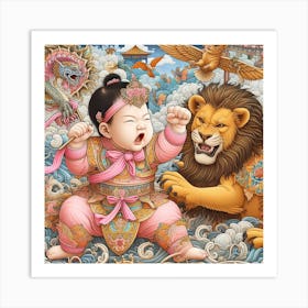 Chinese Baby And Lion Art Print