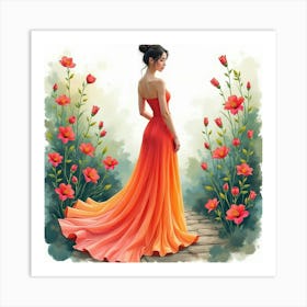 Elegant Lady In Watercolor Gown, Vibrant Botanical Garden 1 Art Print