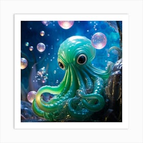 Photorealistic Cthulhu With Big Eyes Embracing Whimsy Adrift Amongst Large Iridescent Soap Bubbles Art Print