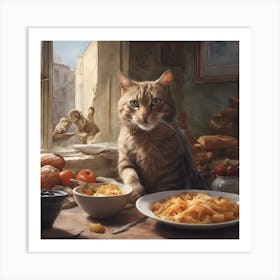 Cat Eating Pasta Art Print