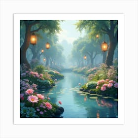 Mystical Garden With Floating Lanterns And Pastel Flowers 1 Art Print