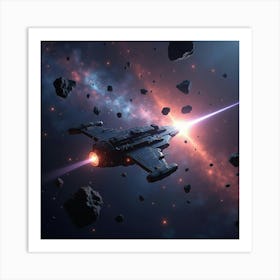 A Dazzling Starship Navigating Through An Asteroid Field With Vibrant Nebulae Art Print