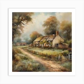 The old British countryside, a work of wall art dating back to 1960, with all its details and colours. The farm is an old oil painting in faded oil colours.4 1 Art Print