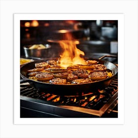 A Bustling Burger Kitchen Where Chefs Frantically Flip Perfectly Melted Cheddar Harmonizing With A 379877698 Art Print