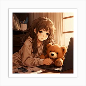 Anime Girl With Teddy Bear 3 Art Print