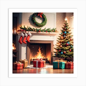 Christmas Presents Under Christmas Tree At Home Next To Fireplace Mysterious (4) Art Print