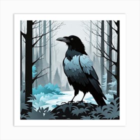 Raven In The Forest, crow, crow in forest, crow in dark forest, bird in dark forest, black and grey Art Print