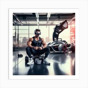 Alpha Male Model Working Out With Heavy Weight Machine, Wearing Futuristic Sonic Armor Exoskeletons And Vr Headset With Headphones Award Winning Photography With Sports Car Racing In Background Designed And C (1) Art Print