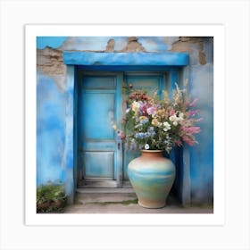 Blue wall. An old-style door in the middle, silver in color. There is a large pottery jar next to the door. There are flowers in the jar Spring oil colors. Wall painting.9 Art Print