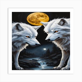 Two Wolves In The Moonlight Art Print