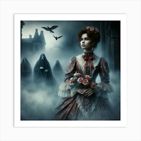 The Watchers 2/4 (Beautiful woman  female classic ghosts scenic temple spectres memories dreams art AI Victorian mist fog)  Art Print