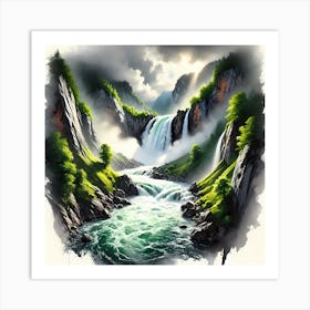 Majestic Waterfall Cascading Through A Mountain Gorge Art Print