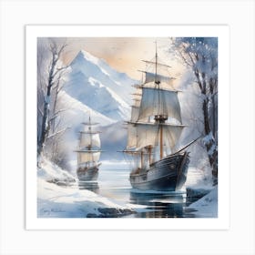 Winter Frozeen ships vikings art Watercolor Art Print