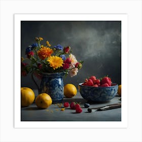 Blue Jug With Strawberries And Lemons Art Print