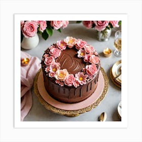 A Delicious Chocolate Cake Adorned With Buttercream Icing And Decorated With Intricate Pink Icing Fl 3665640375 Art Print