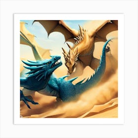 Blue Dragons Fighting In The Desert Art Print