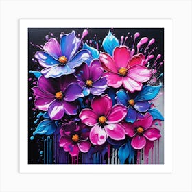 Flowers On Black Canvas 1 Art Print