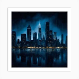 A Monochromatic Cityscape In Shades Of Blue Featuring Towering Skyscrapers Illuminated Against A Dark Inky Sky Art Print