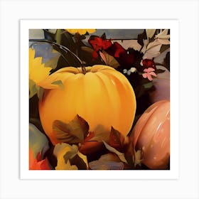 Pumpkin Gourd And Autumn Leaves Art Print