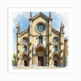 Elegant Watercolor Of An Italian Cathedral With Intricate Stained Glass Windows 1 Art Print