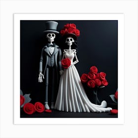 Day Of The Dead Couple skeletons red roses claymation Art Print