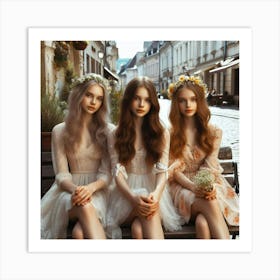 Three Beautiful Girls Sitting On A Bench Art Print