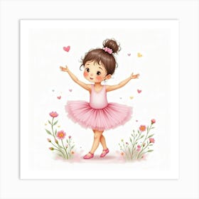 Watercolor Baby Girl In A Tutu, Dancing With Soft Pastel Flowers Art Print