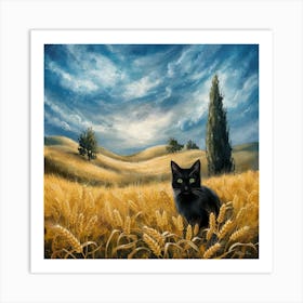 A Wheatfield With Cypresses Inspired With Black Cat Portrait 1 Art Print