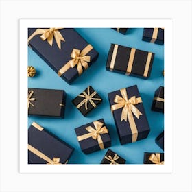 Christmas Presents On Blue Background Art Print