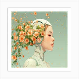 Robot Girl and flowers Art Print