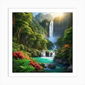 Waterfall in Valley Surrounded and Sun, Landscape Art Print