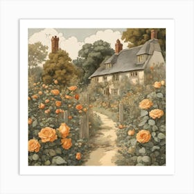 Peach Roses And Cottage Art Print