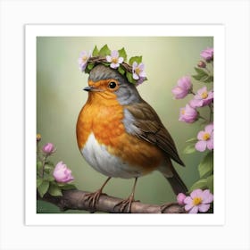 Bird With A Flower Crown European Robin Art Print Art Print