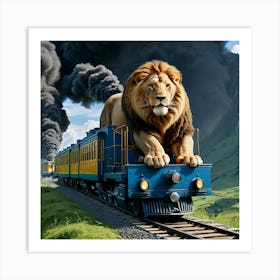 Lion On A Train Art Print