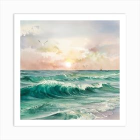 Tranquil Horizons A Serene Watercolor Of A Sunset Over A Gentle Ocean (1) Art Print