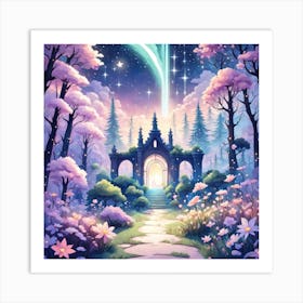 A Fantasy Forest With Twinkling Stars In Pastel Tone Square Composition 399 Art Print