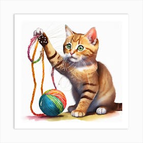 Cat Playing With Yarn Art Print