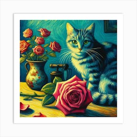 Cat With Roses 1 Art Print