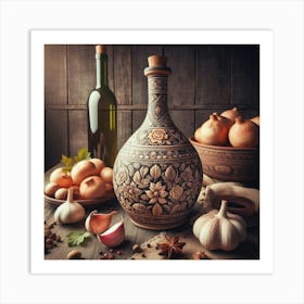 Wine Bottle On Wooden Table Art Print