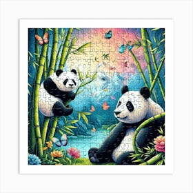 Abstract Puzzle Art Bamboo and Panda Art Print